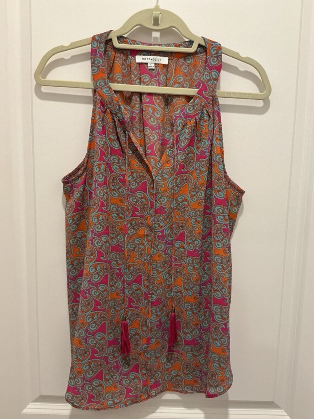 Rose + Olive Top Large Orange Pink Blue Paisley Spring Summer Sleeveless V-Neck